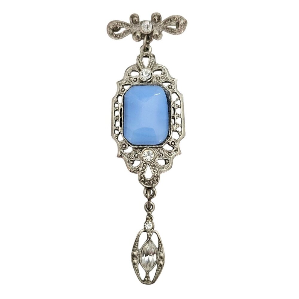 1928 Brand Silver Tone Blue Glass Art Deco Style Clear Rhinestone Dangle Brooch